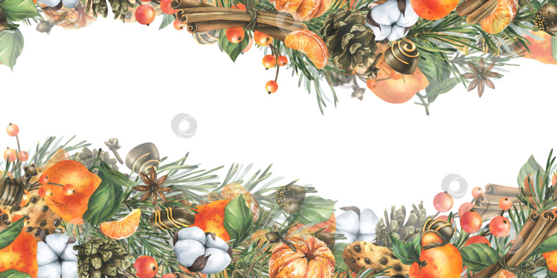 Скачать Рождественский декор с мандаринами, шампанским, сладостями и сосновыми ветками. Акварельная иллюстрация, нарисованная от руки. Для поздравлений и праздника. Горизонтальный бесшовный шаблон гирлянды на белом фоне. фотосток Ozero
