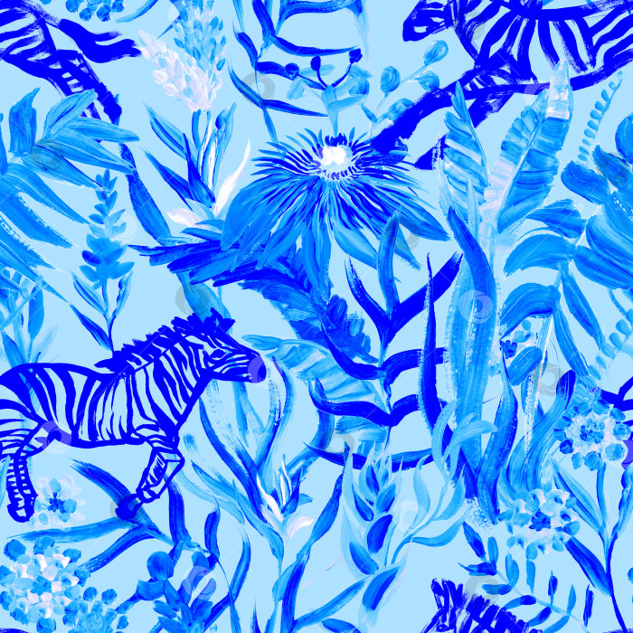 Скачать Бесшовный узор с бегущими зебрами и яркими тропическими цветами, выполненный в живописном стиле для летнего текстиля и дизайна фотосток Ozero