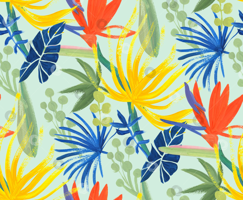 Скачать яркий цветочный тропический узор без швов, нарисованный гуашью. фотосток Ozero