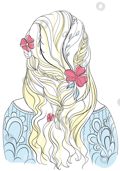 Скачать Иллюстрация прически девушки в стиле бохо с косами и цветами в четырех цветах в векторе для печати фотосток Ozero