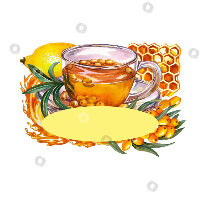 Скачать Облепиховый чай. Стеклянная чашка с витаминным чаем, лимоном и медом. Акварельная иллюстрация. Для дизайнерских решений. фотосток Ozero