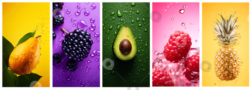 Скачать Фон фруктового ассортимента. Разноцветные полоски с фруктами, ягодами и каплями воды на прозрачном фоне, концепция здорового питания. Фрукты на цветном фоне отделены друг от друга. Искусственный интеллект фотосток Ozero