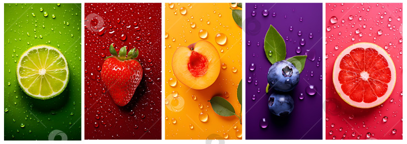 Скачать Фон фруктового ассортимента. Разноцветные полоски с фруктами, ломтиками фруктов и каплями воды на прозрачном фоне, концепция здорового питания. Фрукты на цветном фоне отделены друг от друга. Искусственный интеллект фотосток Ozero