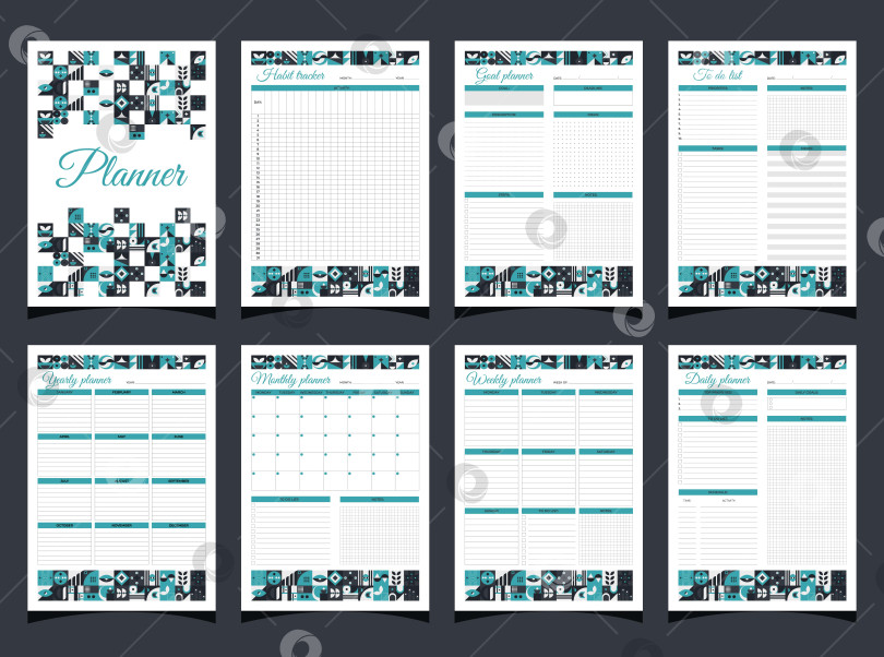 Скачать Планировщики задают геометрию. Ежедневно, еженедельно, ежемесячно, ежегодно, habbit tracker, список дел, планировщики целей и обложка. Планировщики печатают шаблон с геометрическими фигурами. фотосток Ozero