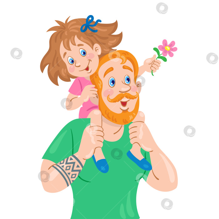 Скачать С Днем отца! Сильный отец с милой маленькой дочкой на плечах. Забавная девушка с цветком в руке. фотосток Ozero