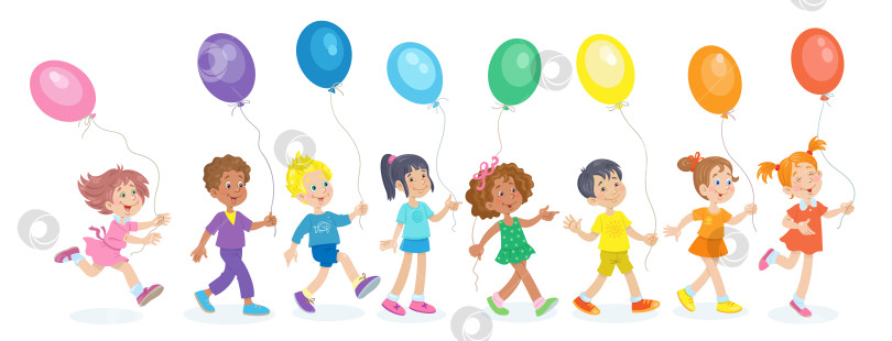 Скачать Счастливые дети разных национальностей гуляют и бегают с разноцветными воздушными шарами фотосток Ozero
