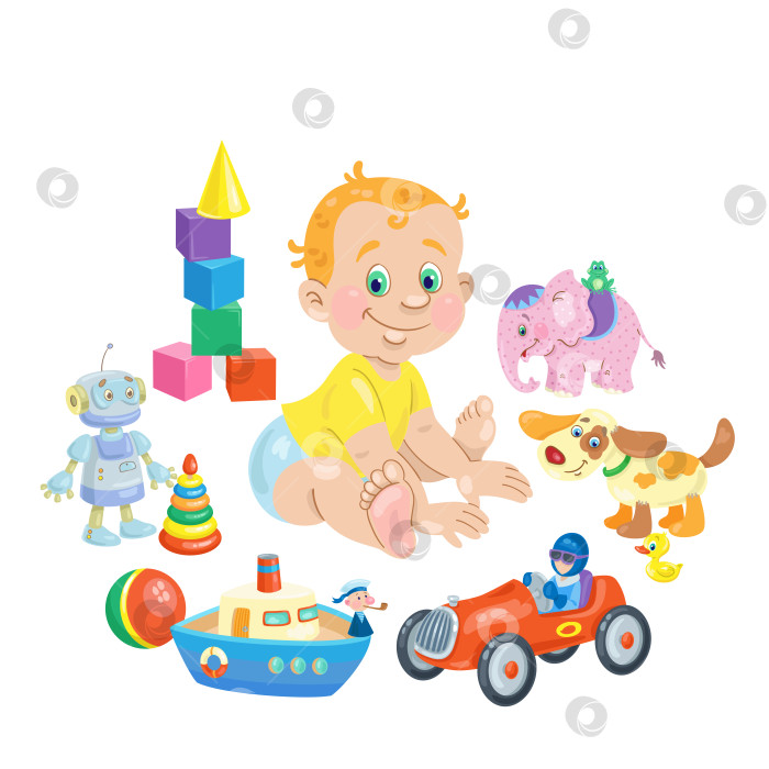 Скачать Забавный малыш сидит в окружении своих любимых игрушек. фотосток Ozero