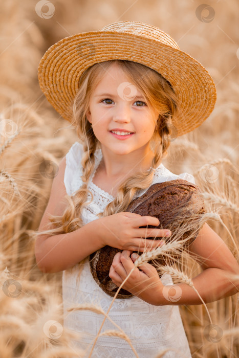 Скачать Маленькая светловолосая девочка держит в руках свежую буханку хлеба на пшеничном поле летом. Экологически чистые фермерские продукты фотосток Ozero