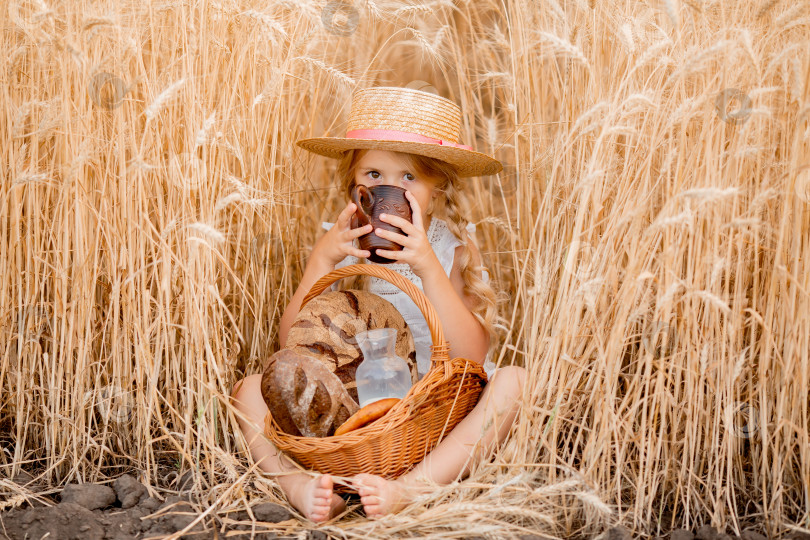 Скачать Маленькая белокурая девочка на пшеничном поле ест хлеб и пьет молоко. экологически чистые фермерские продукты фотосток Ozero