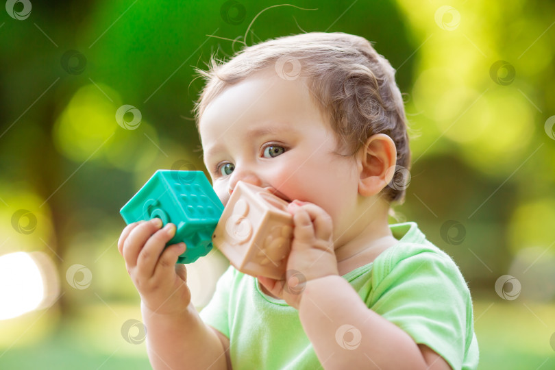 Скачать Симпатичный малыш в зеленом боди летом сидит на траве и играет с развивающими игрушками. Малыш грызет силиконовые кубики. Развитие ребенка до одного года фотосток Ozero