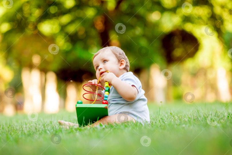 Скачать Здоровый малыш играет с развивающей игрушкой, сидя на летней траве фотосток Ozero