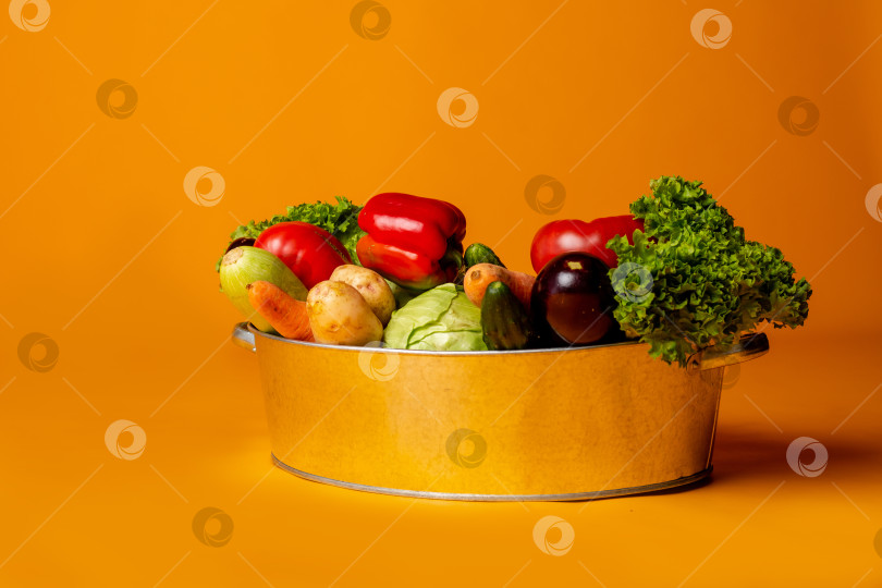 Скачать металлический таз со свежими овощами на желтом фоне, место для текста. концепция экологически чистых фермерских продуктов фотосток Ozero
