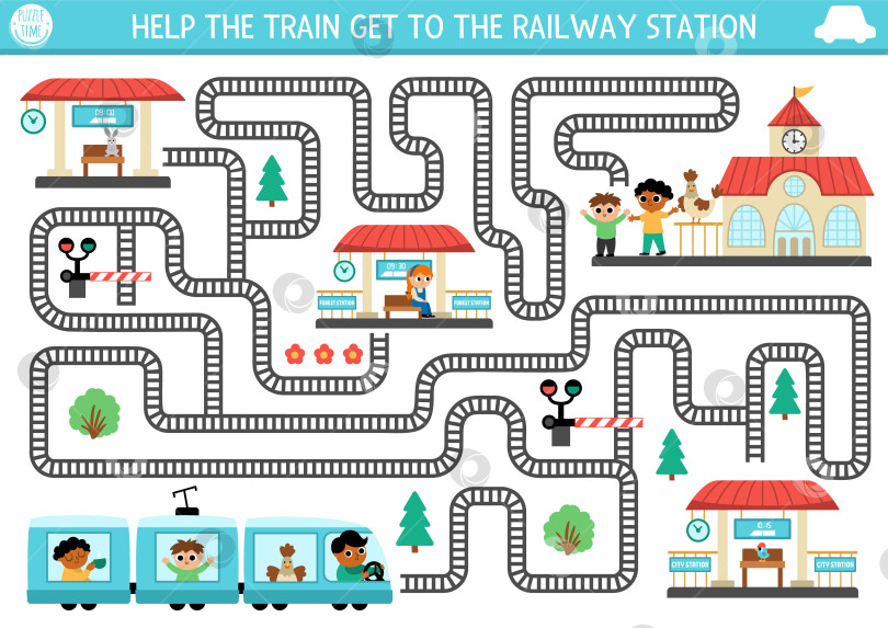 Скачать Транспортный лабиринт для детей с железной дорогой, водителем, пассажирами. фотосток Ozero