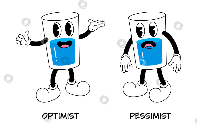 Скачать Понятие оптимиста и пессимиста. Два стакана наполовину пустых или полных воды. Заводной ретро-персонаж в виде стакана воды. Векторная иллюстрация. фотосток Ozero