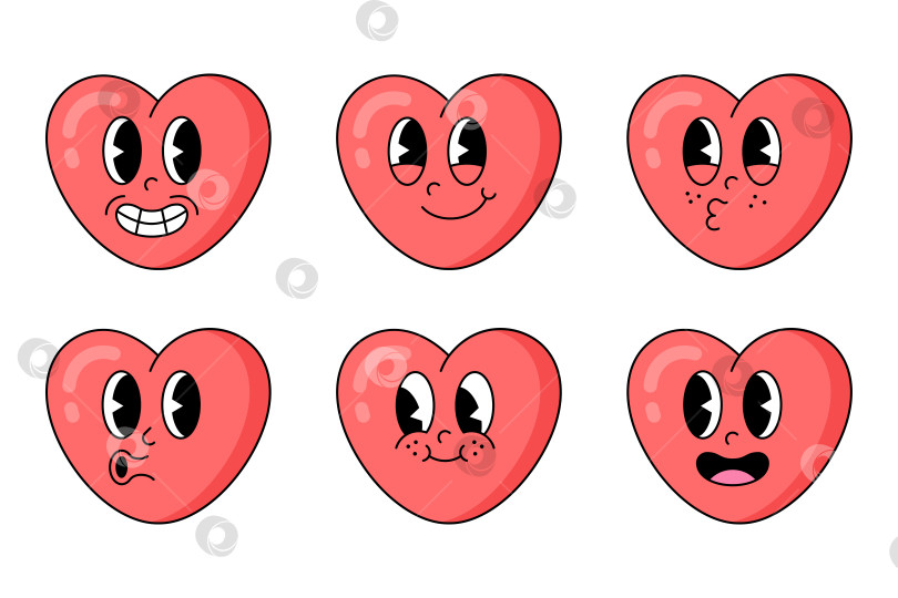 Скачать Набор ретро-выражений лица. Сердечный персонаж с разными эмоциями в старом мультяшном стиле. Симпатичный векторный набор эмодзи. фотосток Ozero