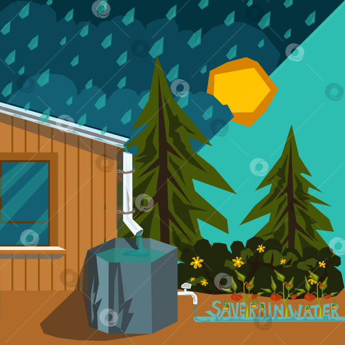 Скачать Сбор и хранение дождевых стоков для повторного использования в домашнем хозяйстве, саду в засушливые сезоны. Креативная стилизованная иллюстрация фотосток Ozero