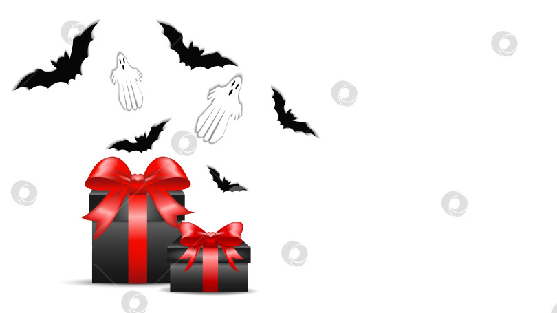 Скачать Баннер, подарочные коробки черного цвета с красными бантами, концепция подарков и сюрпризов на Хэллоуин, летучие мыши и привидения - атмосфера Хэллоуина, на белом и прозрачном фоне фотосток Ozero