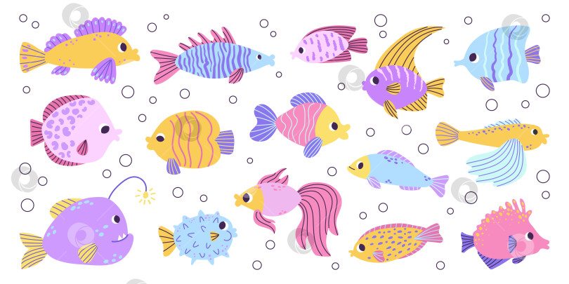 Скачать Установите разноцветных разных океанских рыбок с пузырьками. Летучая рыба, рыба-ангел, удильщик, фугу. Стильный современный дизайн. Плоская рисованная красочная векторная иллюстрация, изолированная на белом фоне. фотосток Ozero