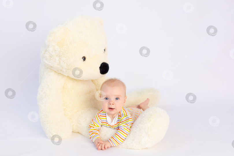 Скачать улыбающаяся малышка 6 месяцев лежит на белом изолированном фоне с большим мягким плюшевым мишкой, место для текста фотосток Ozero