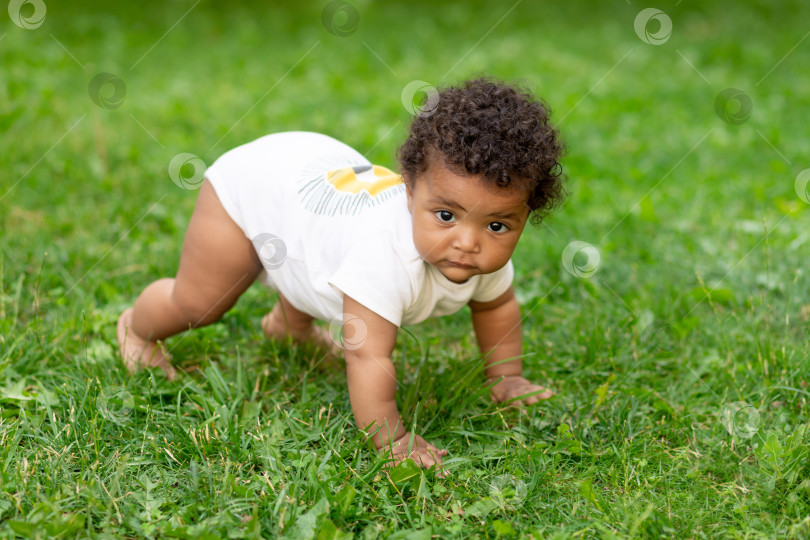 Скачать счастливый афроамериканский мальчик ползает по зеленой травяной лужайке летом фотосток Ozero