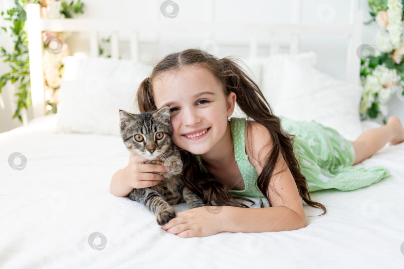 Скачать Ребенок мучает животное, маленькая девочка с кошкой лежат на кровати, концепция детской дружбы с животными фотосток Ozero