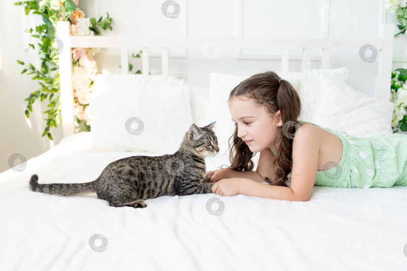 Скачать Ребенок, играющий с кошкой дома, маленькая девочка с кошкой, лежащей на кровати, концепция детской дружбы с животными фотосток Ozero