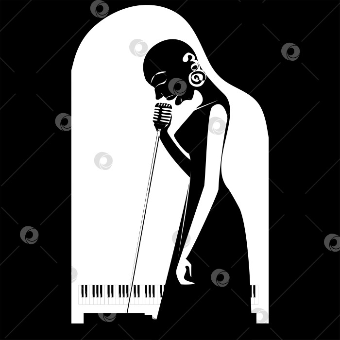 Скачать Черные лысые женщины-джазовые певицы на фоне черного рояля силуэт черно-белой иллюстрации непрерывной линией фотосток Ozero