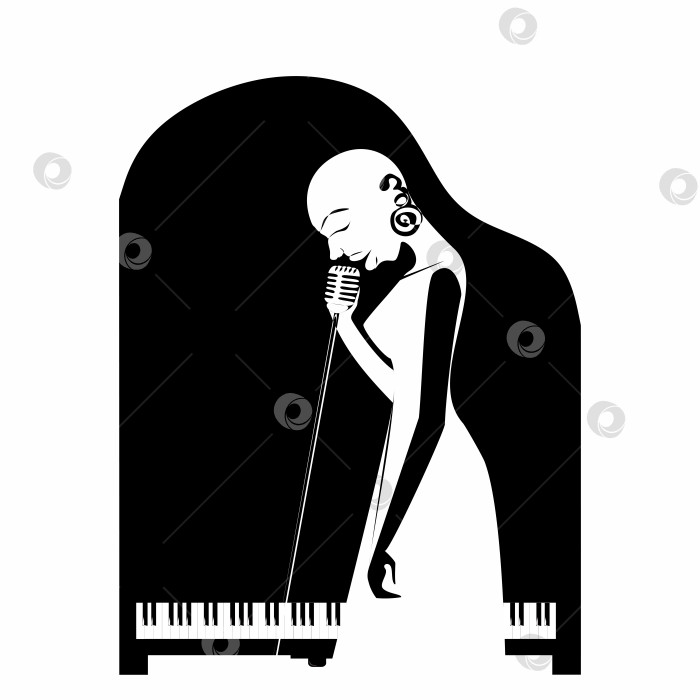 Скачать Черные лысые женщины-джазовые певицы на фоне черного рояля силуэт черно-белой иллюстрации непрерывной линией фотосток Ozero