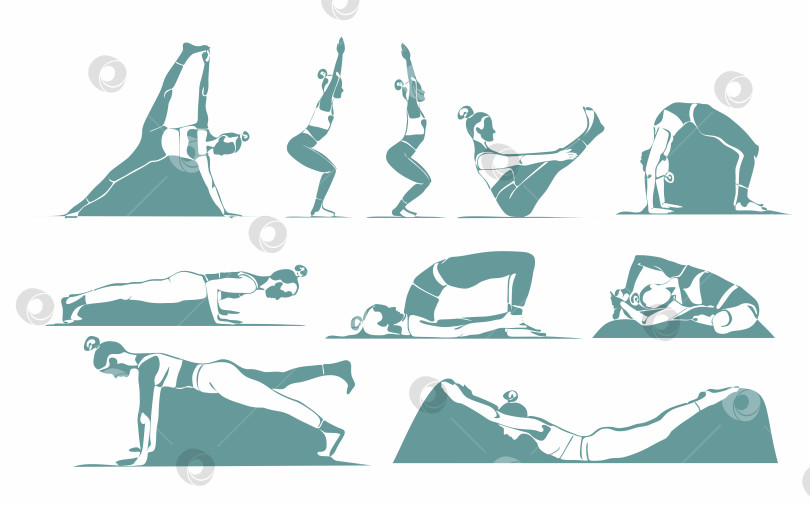 Скачать Большой набор поз йоги женского силуэта. 10 изолированных асан на белом фоне фотосток Ozero