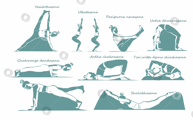 Скачать Большой набор поз йоги женского силуэта. 10 изолированных асан с их названиями на белом фоне фотосток Ozero