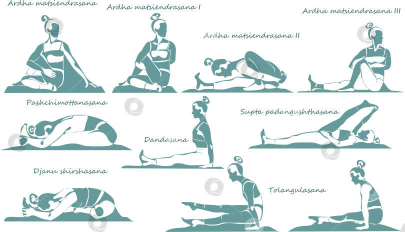 Скачать Большой набор поз йоги женского силуэта. 10 изолированных асан с их названиями на белом фоне фотосток Ozero