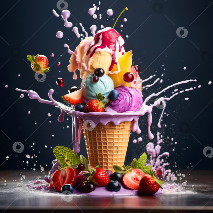 Скачать Мороженое из свежих фруктов и ягод в вафельном рожке. Созданный искусственным интеллектом. фотосток Ozero