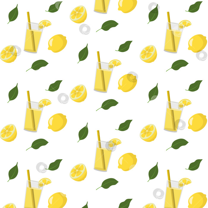 Скачать Забавный узор с лимонным соком, ломтиками лимона и листьями фотосток Ozero