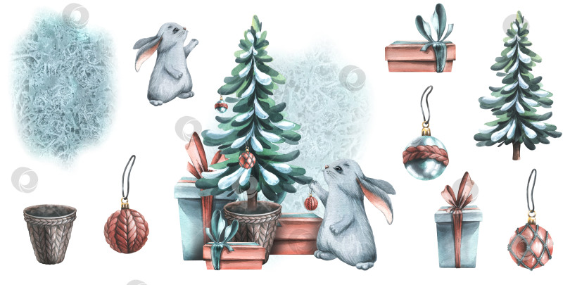Скачать Рождественская елка в цветочном горшке с подарочными коробками, кролик, развешивающий игрушки-шарики. Акварельная иллюстрация, нарисованная от руки. Набор изолированных композиций и элементов на белом фоне. фотосток Ozero