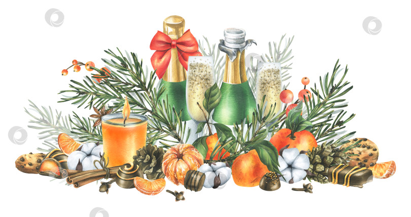 Скачать Рождественский декор с мандаринами, шампанским. сладости и сосновые ветки. Акварельная иллюстрация, нарисованная от руки. Для поздравлений и праздника. Изолированная композиция на белом фоне фотосток Ozero