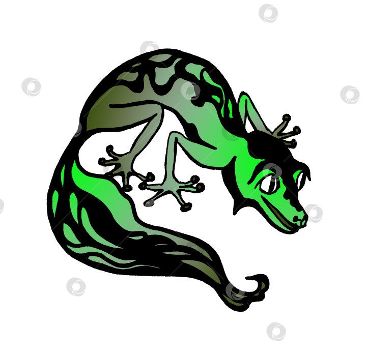 Скачать Изолированное цифровое изображение драконоподобной ящерицы в изумрудно-зеленом градиенте. Традиционный символ китайского Нового года. Мультяшный силуэт экзотического животного с волнистым черным рисунком на спине. фотосток Ozero