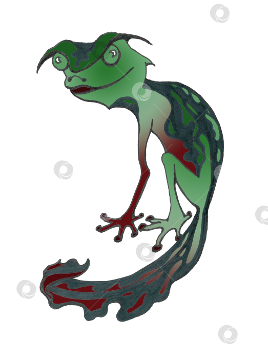 Скачать Изолированное цифровое изображение драконоподобной ящерицы в красно-зеленом градиенте. Традиционный символ китайского Нового года. Мультяшный силуэт экзотического животного с милой мордочкой и хвостом, похожим на лист фотосток Ozero