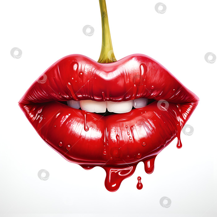 Скачать Вишневые губы. Нарисованная иллюстрация сочных красных губ с красной помадой в форме ягоды вишни. Красные губы и белые зубы, открытый рот на белом фоне. Иллюстрация вишневых губ. Созданный искусственным интеллектом фотосток Ozero