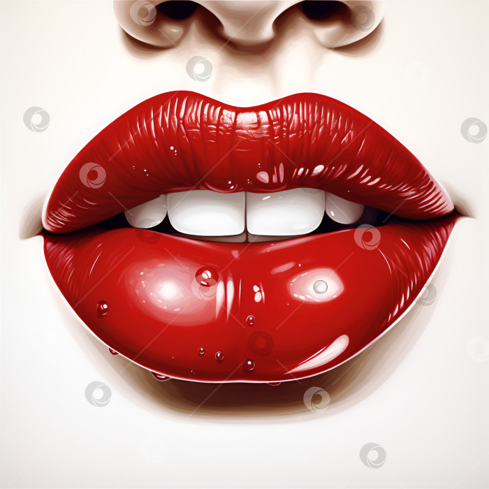 Скачать Иллюстрация сочных красных губ на белом фоне. Открытый рот красивой женщины с красными губами и белыми зубами. Вишневые губы, накрашенные каплями воды. Созданный искусственным интеллектом фотосток Ozero