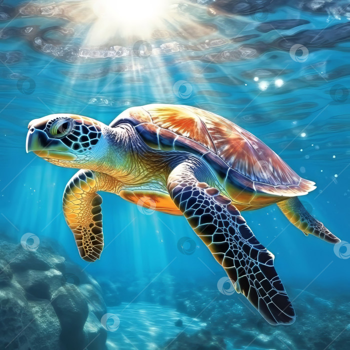 Скачать Большая морская черепаха в толще океанской воды. Сгенерированный искусственным путем фотосток Ozero
