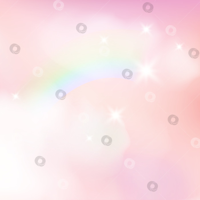 Скачать Фантастический фон неба с милой радугой. Розовые облака в реалистичном стиле. Обои с детским единорогом. векторная иллюстрация. фотосток Ozero