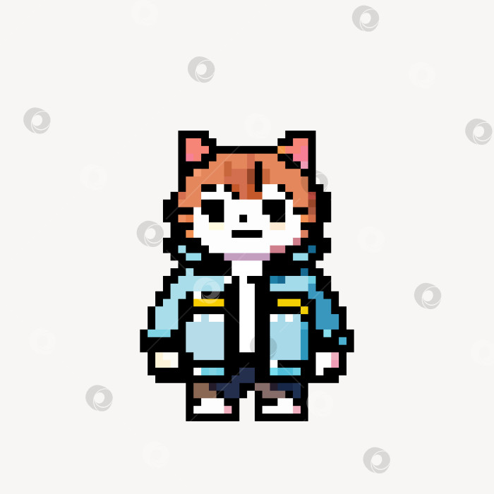 Скачать Пиксельный персонаж-кот в светло-голубой куртке фотосток Ozero