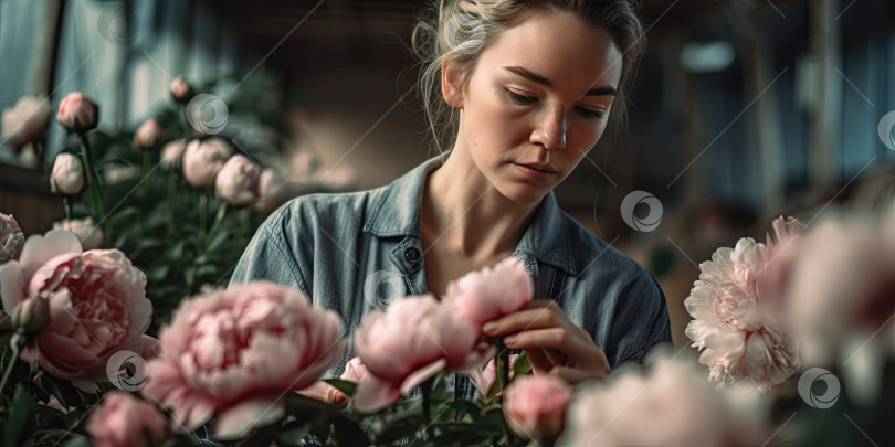 Скачать Женщина выращивает и ухаживает за розовыми пионовидными розами в теплице. Генеративный искусственный интеллект. фотосток Ozero
