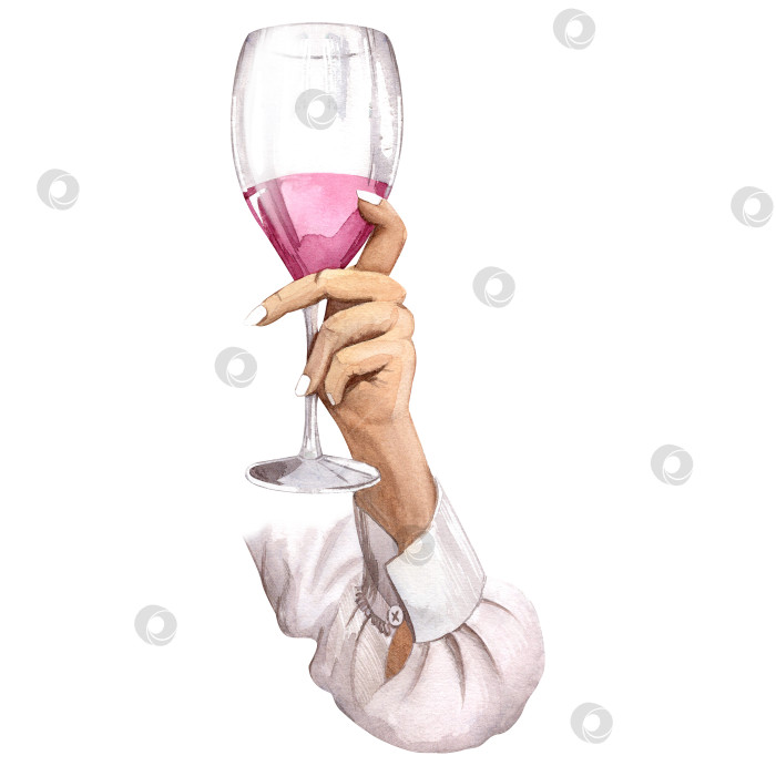 Скачать Бокал с розовым вином в руке. Произнеси тост. Акварельная иллюстрация для оформления винной открытки, приглашения на дегустацию вин. фотосток Ozero