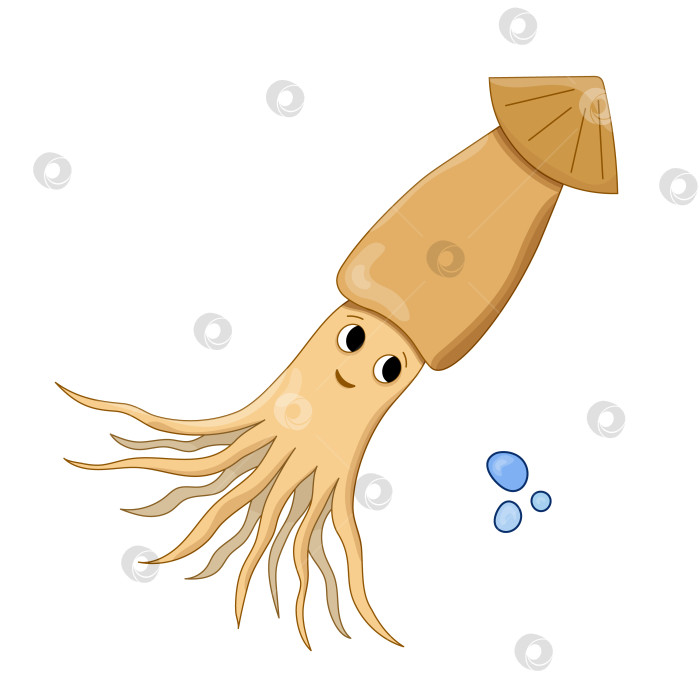 Скачать Векторная иллюстрация мультфильма "Кальмар" с воздушным пузырем. Изолированное океанское животное-кальмар. Морская тематика. фотосток Ozero