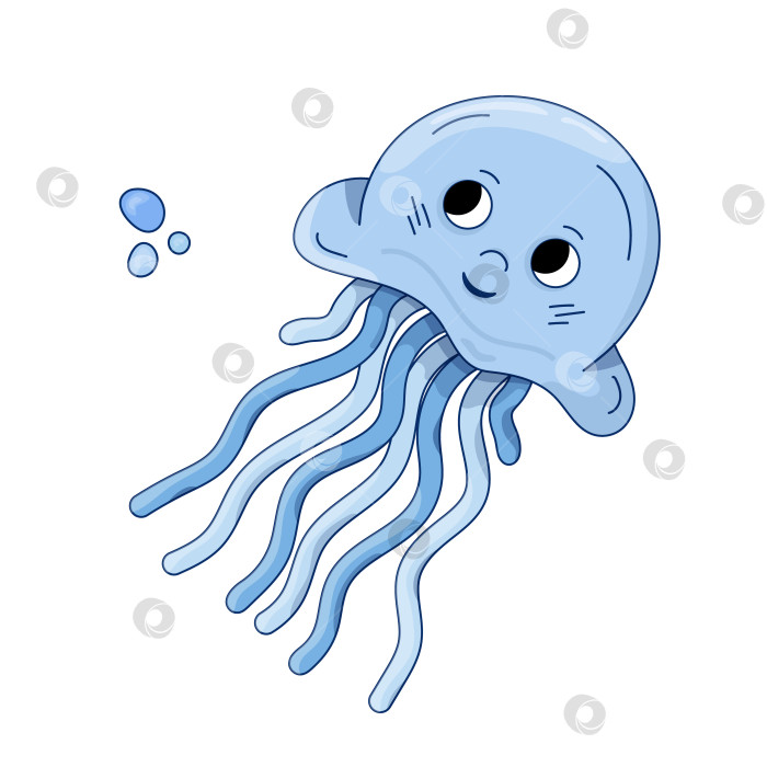 Скачать Векторная иллюстрация мультфильма "Голубая медуза" с воздушным пузырем. Изолированное океанское животное. Морская тематика. фотосток Ozero