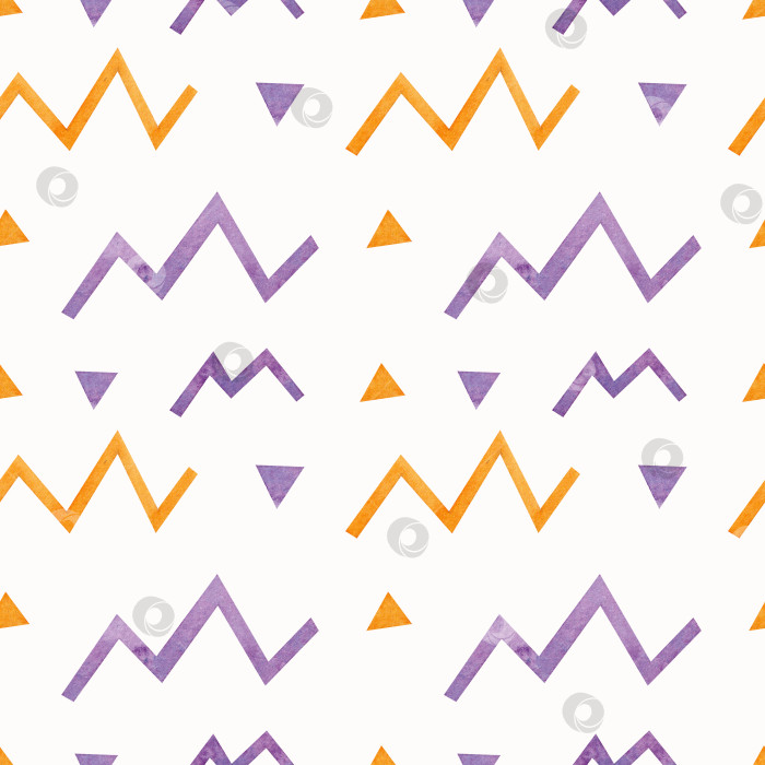 Скачать Бесшовный узор с фиолетовыми и синими полосками и треугольниками на белом фоне. фотосток Ozero