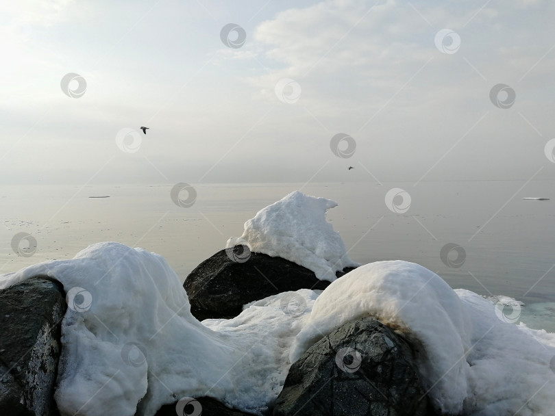 Скачать Обледеневший камни на берегу моря в час заката фотосток Ozero