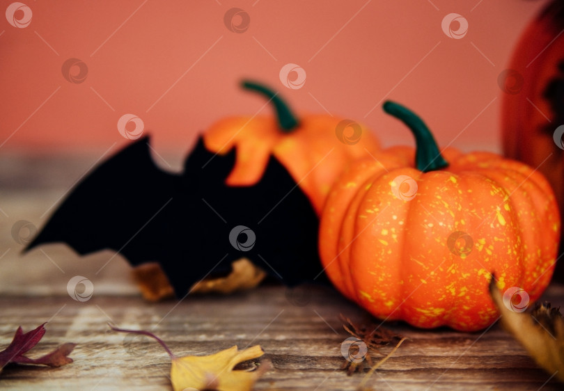 Скачать Две маленькие декоративные тыквы и бумажная летучая мышь лежат на деревянном столе.Подготовка к празднику Хэллоуин. фотосток Ozero