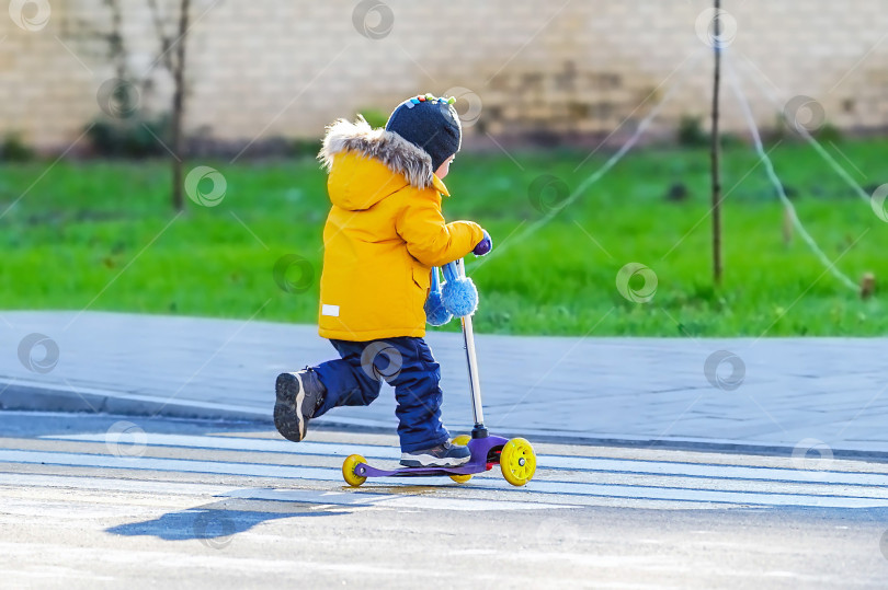 Скачать Маленький мальчик-школьник едет на самокате, переходя дорогу. фотосток Ozero